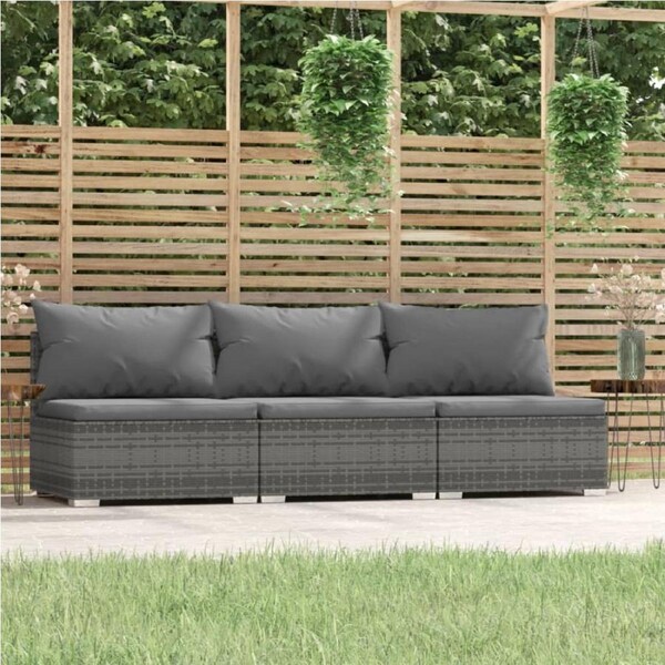 3-Seater Sofa with Cushions Grey Poly Rattan vidaXL