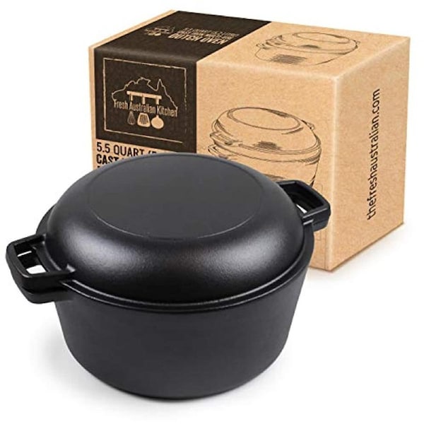 Pre-Seasoned Cast Iron Double Dutch Oven Casserole Pot - Tough, Solid and Built to Last.