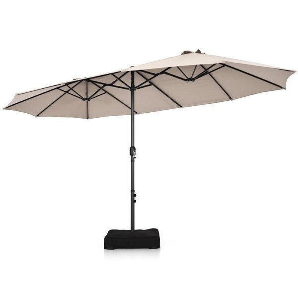 Costway 4.6*2.7M Double-Sided Outdoor Umbrella w/Base Parasol Beach Shelter Stand Garden Yard Deck Beige