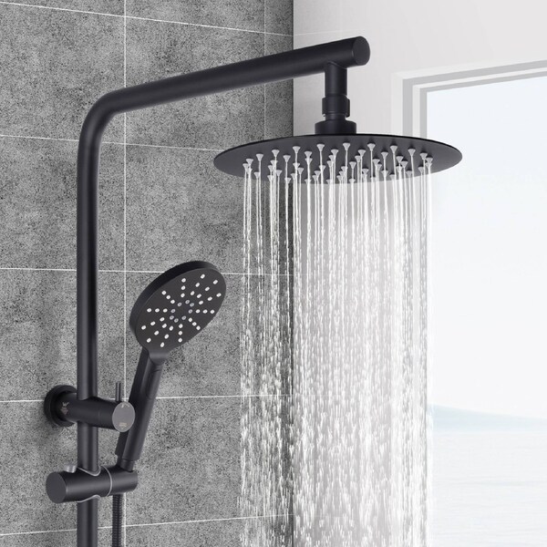 ACA WELS Round 8" Ultrathin Rainfall Shower Head 3-MODE Handheld Set Gooseneck Arm Wall Rail Diverter Black
