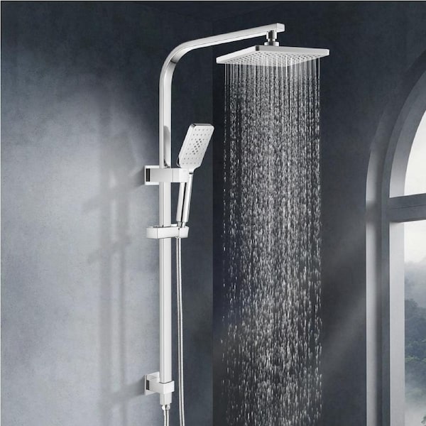 ACA WELS Square 8" ABS Plastic Rainfall Shower Head 3-MODE Handheld Set Gooseneck Arm Wall Rail Diverter Chrome