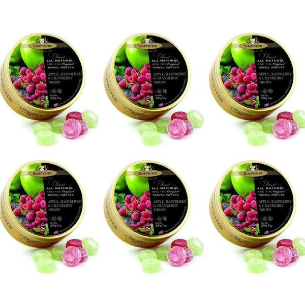 6 x Simpkins Apple Raspberry and Cranberry Drops 200g Tin Sweets Candy Lollies