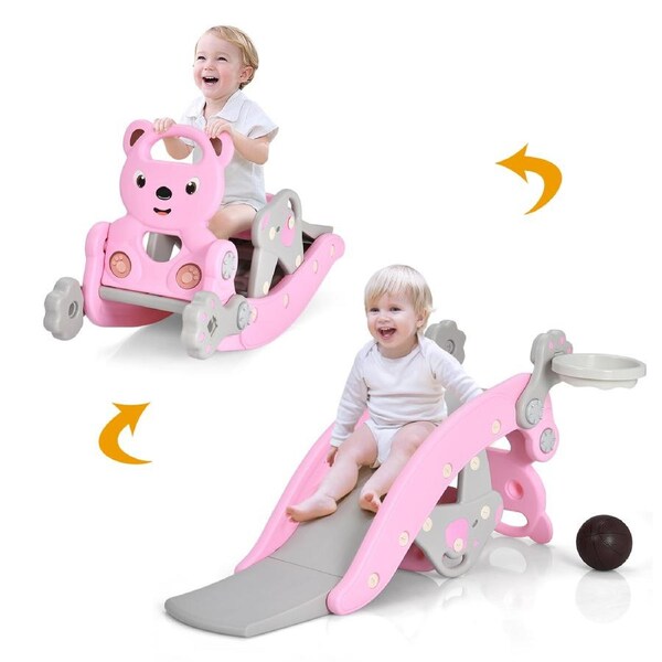 Costway 4-in-1 Rocking Horse Play Slide Set Basketball Hoop Ring Activity Center Ride On Toy Pink