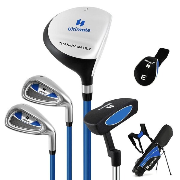 Costway Junior Golf Clubs Set w/Stand Bag,3# Fairway Wood, 7# & 9# Irons, Putter Blue