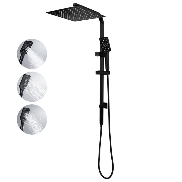 WELS Bathroom Square 12'' Ultrathin Rainfall Shower Head 3-MODE Handheld Set Gooseneck Arm Wall Rail Diverter Black WATERMARK