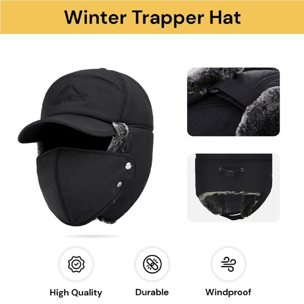 Winter 3 in 1 Thermal Fur Lined Trapper Bomber Hat with Ear Flap Face Mask Cap for Men Windproof Warm Hat Outdoor Riding