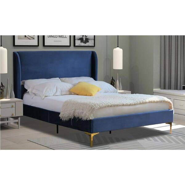 Modern Classic Olivia Queen Velvet Bed Frame Blue with Gold Legs