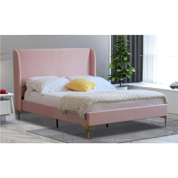 Modern Classic Olivia Queen Velvet Bed Frame Pink with Gold Legs