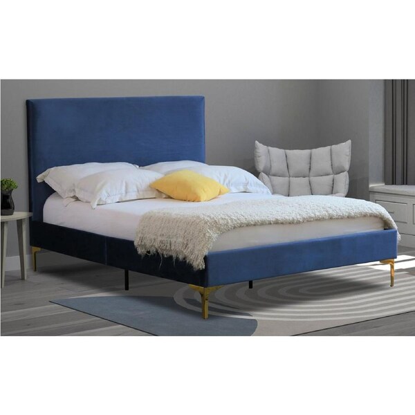 Modern Classic Cristian Queen Velvet Bed Frame Blue with Gold Legs