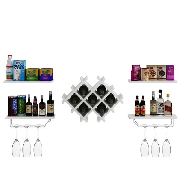 Costway Wall Mounted 7 Bottle Wine Rack Home Stacked Cellar Storage Orangizer w/2 Wine Glass Rack & Shelf Bistro Bar