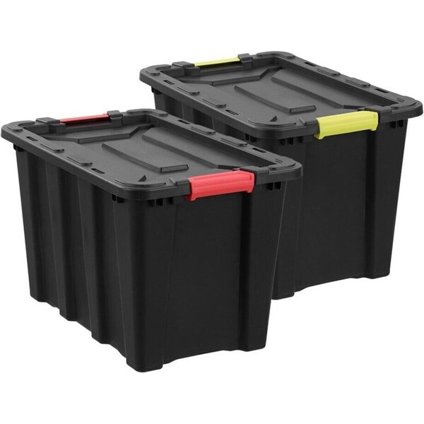 60L Recycled Heavy Duty Black Plastic Storage Crates Containers Tub Lided