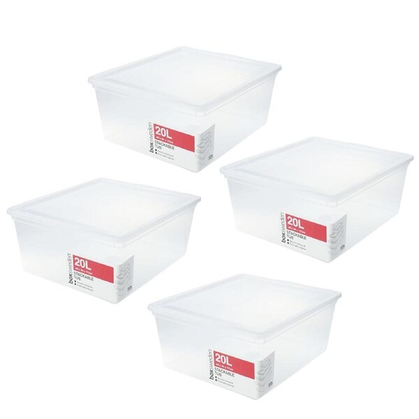 4x 20L Stackable Storage Box Tub With Lid Home Kitchen Organiser Container