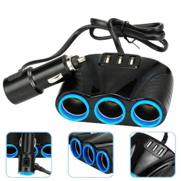 3-Socket (12-24V) Car Cigarette Lighter Splitter and (3-Port) USB Charger