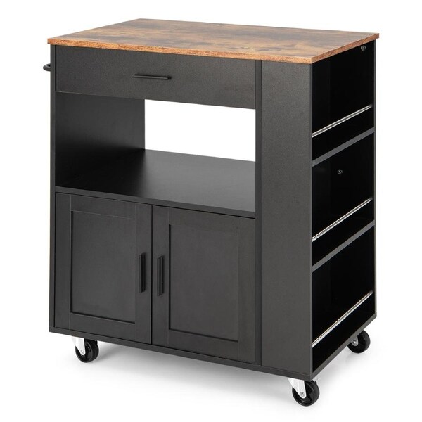 Costway Kitchen Island Trolley Mobile Storage Cabinet Wood Serving Cart w/Spice Racks/Towel Rack/Drawer Black