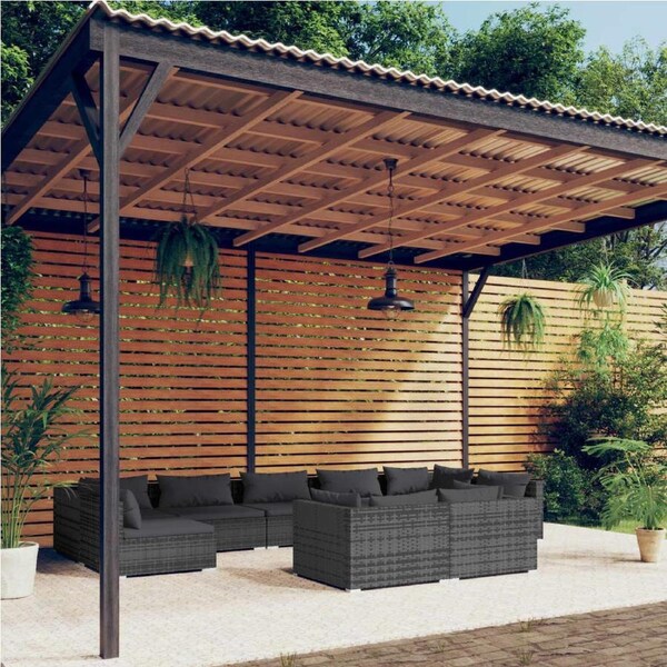 9 Piece Garden Lounge Set with Cushions Grey Poly Rattan vidaXL