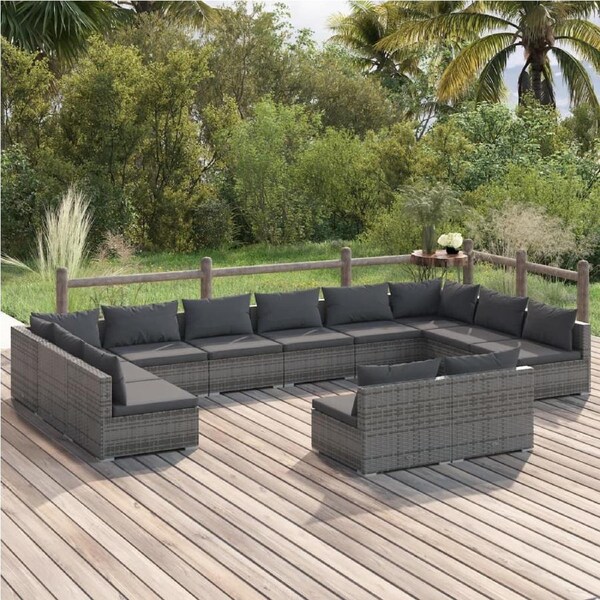 12 Piece Garden Lounge Set with Cushions Grey Poly Rattan vidaXL