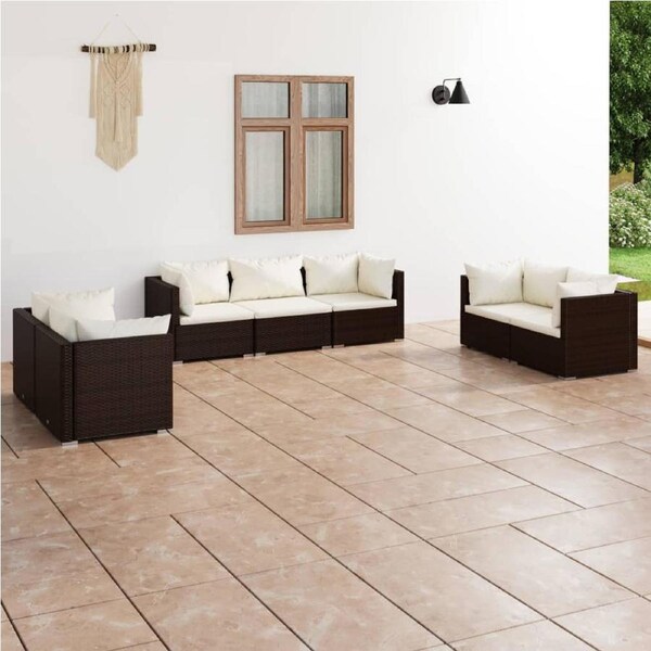 7 Piece Garden Lounge Set with Cushions Poly Rattan Brown vidaXL