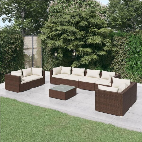 9 Piece Garden Lounge Set with Cushions Poly Rattan Brown vidaXL