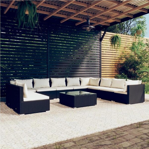11 Piece Garden Lounge Set with Cushions Black Poly Rattan vidaXL
