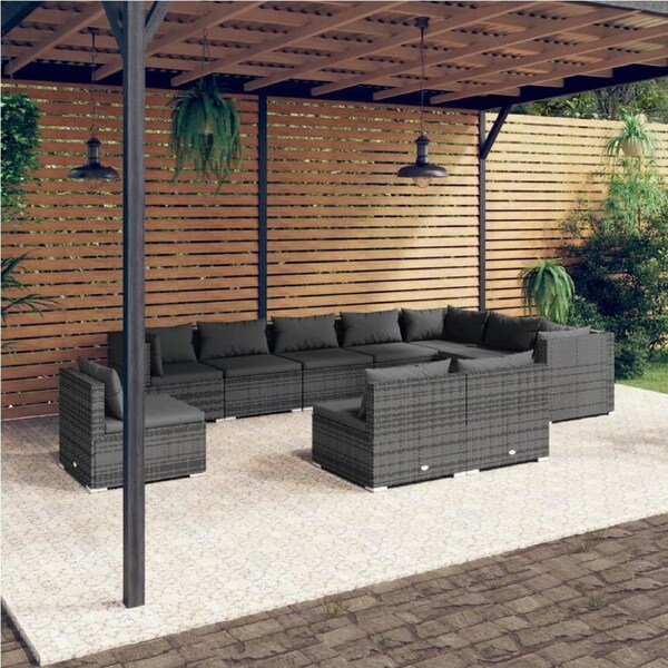 10 Piece Garden Lounge Set with Cushions Poly Rattan Grey vidaXL