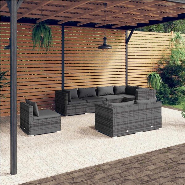 8 Piece Garden Lounge Set with Cushions Poly Rattan Grey vidaXL