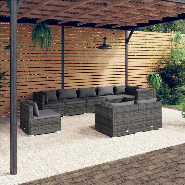 9 Piece Garden Lounge Set with Cushions Poly Rattan Grey vidaXL