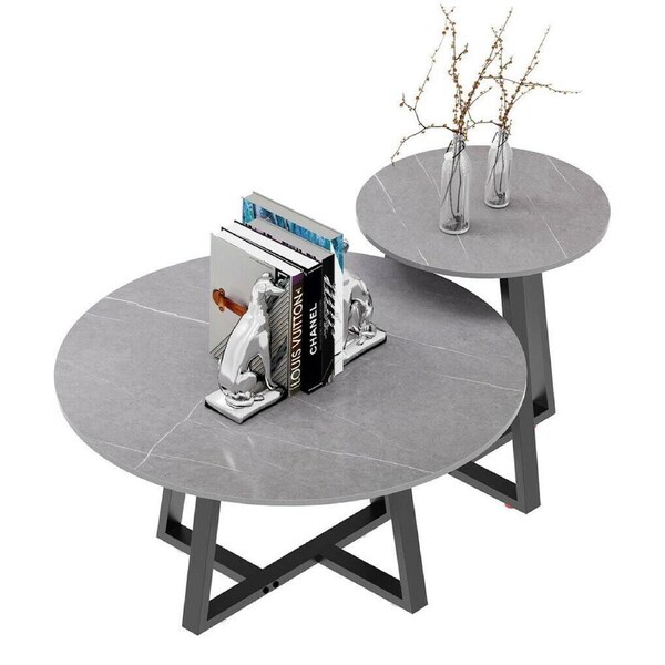 Fine Store - Set of 2 Real Marble Round Nesting Coffee Tables, Grey Side End Table, Accent Table