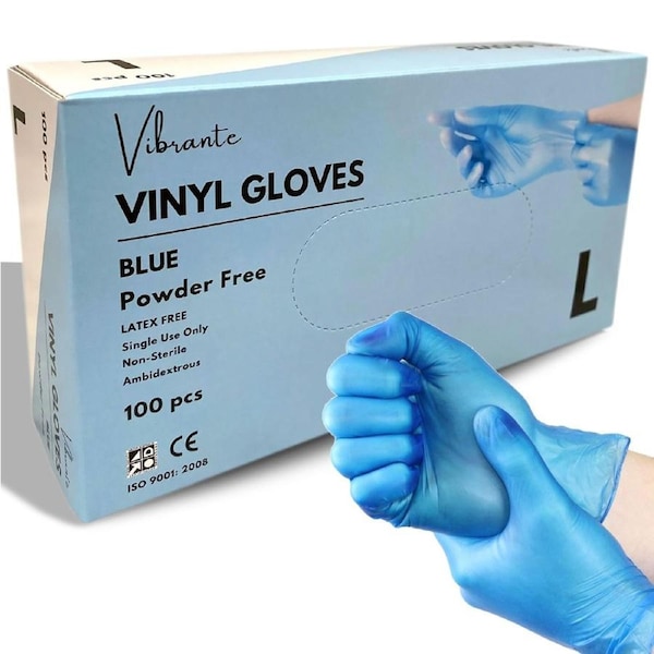 100pcs Vibrante Blue Vinyl Powder-free Gloves - SMALL