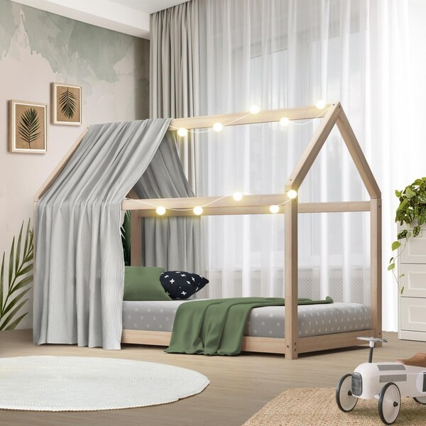 Oikiture Wooden Kids Bed Frame Single Timber House Montessori Platform Base