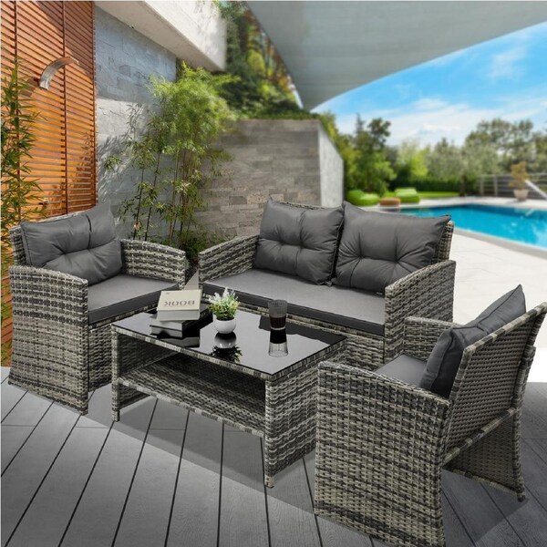 Livsip Outdoor Furniture 4 PCS Outdoor Lounge Setting Patio Wicker Sofa Set