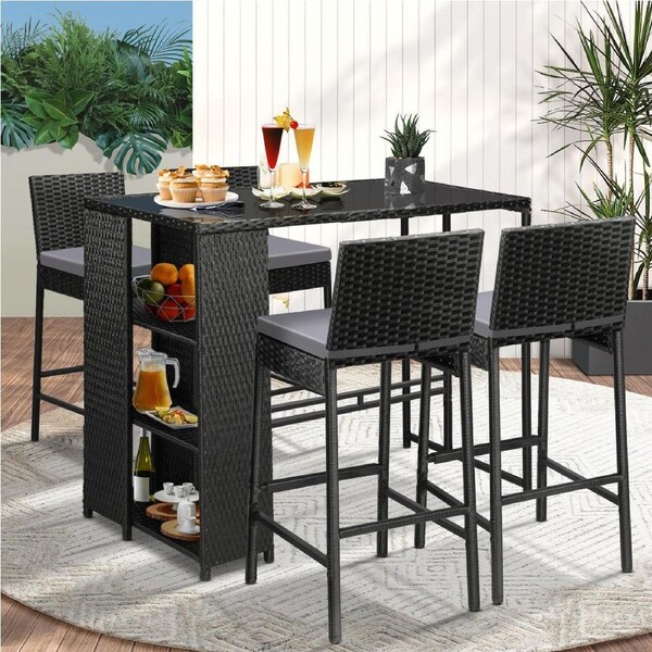 Livsip 5-Piece Outdoor Dining Set Patio Furniture Outdoor Bar Table Chairs Bar Stools Rattan Cafe Bistro Garden Backyard