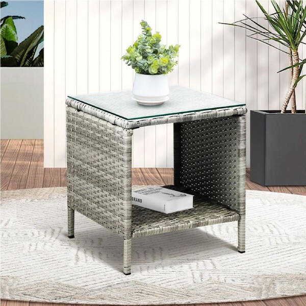 Livsip Outdoor Tea Table Grey 41x41x46cm Rattan Outdoor Garden Coffee Table Patio Furniture