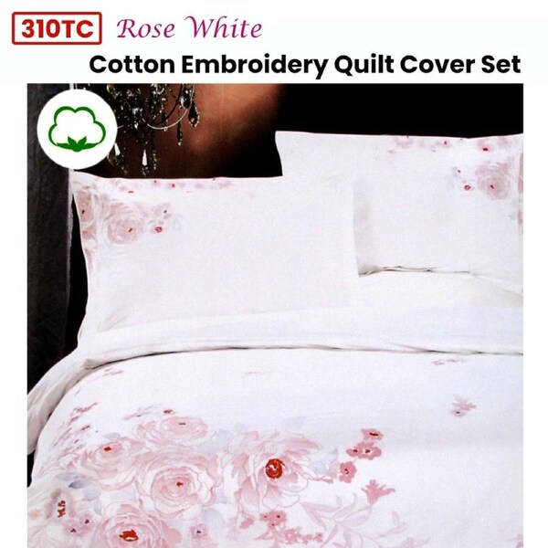 310TC Rose White Cotton Embroidery Quilt Cover Set Queen 210 x 210cm