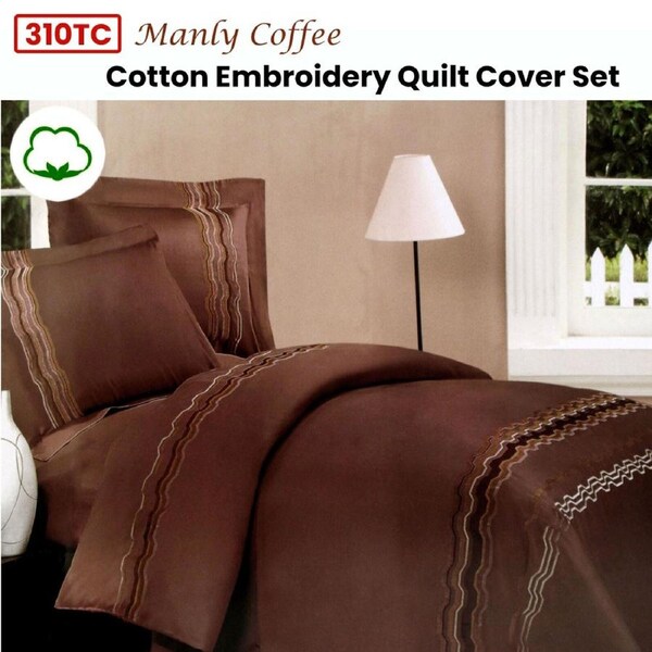 310TC Manly Coffee Cotton Embroidery Quilt Cover Set Queen 210 x 210cm