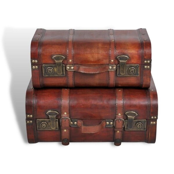 Set Of 2 Vintage Storage Trunk Retro Style Wooden Treasure Chest Decorative Box