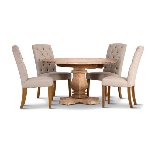 Gloriosa 5pc Dining Set 135cm Round Table 4 Beige Chair Mango Wood - Honey Wash