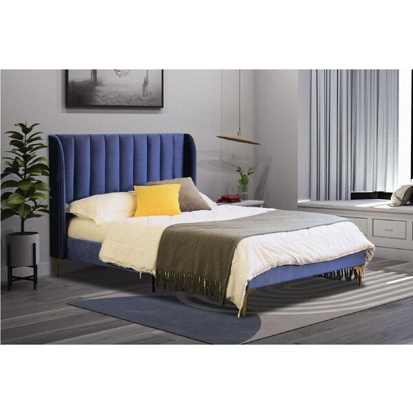 Modern Classic Herman King Velvet Bed Frame Blue with Gold Legs