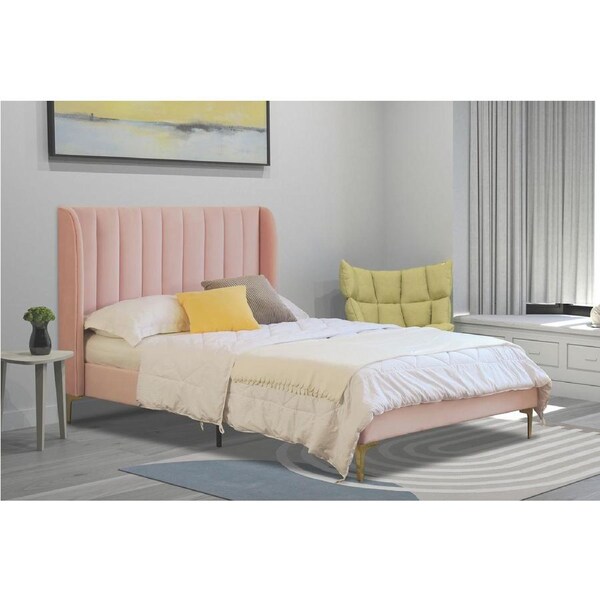 Modern Classic Herman Double Velvet Bed Frame Pink with Gold Legs