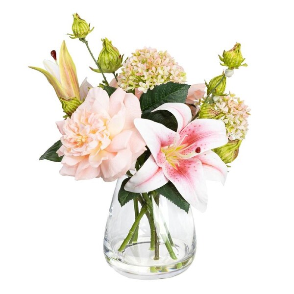 28cm Peony & Lily Arrangement in Glass Vase Faux Artificial Flowers Bunch Fake Floral