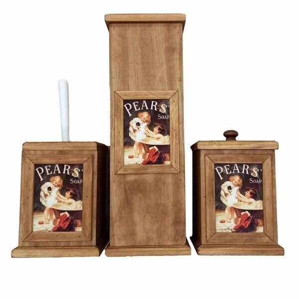 Country Timber Wooden 3 Piece Toilet Bathroom Set Box Pears Soap