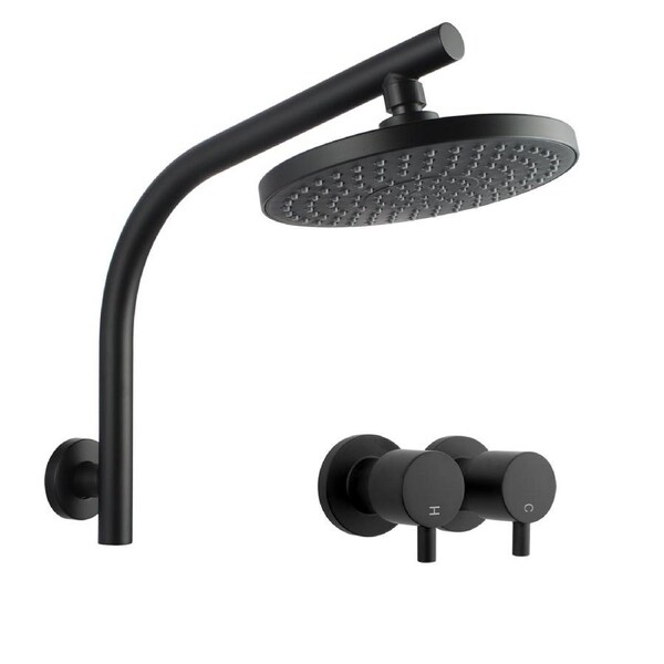 ACA WELS WATERMARK Round 8'' ABS Plastic Rainfall Shower Head Set Gooseneck Wall Arm Twin Taps Black