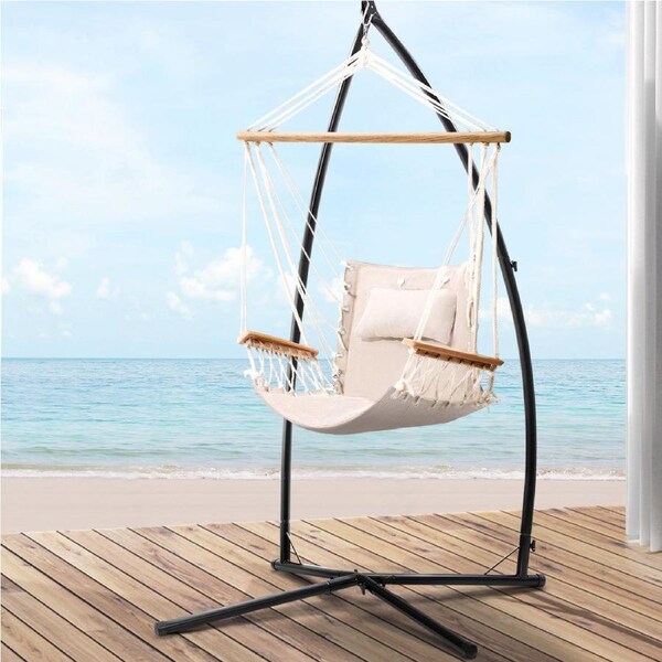 Gardeon Hammock Chair Swing with Steel Stand Armrest Cream