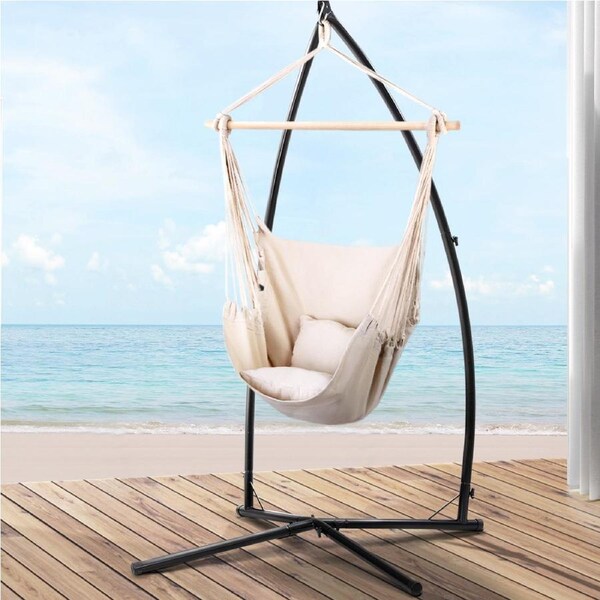 Gardeon Hammock Chair with Steel Stand Cushion Pillow Cream