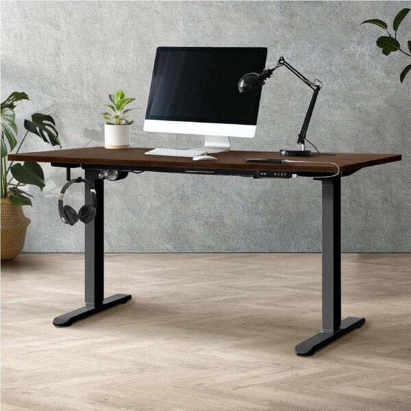 Oikiture 140CM Standing Desk Single Motor Black Frame Walnut Desktop