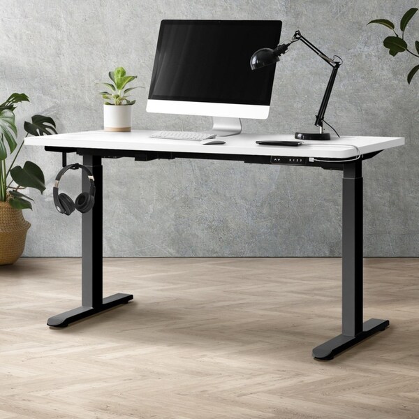 Oikiture 140cm Electric Standing Desk Dual Motor Black Frame White Desktop