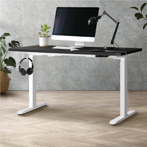 Oikiture 120cm Electric Standing Desk Dual Motor White Frame Black Desktop