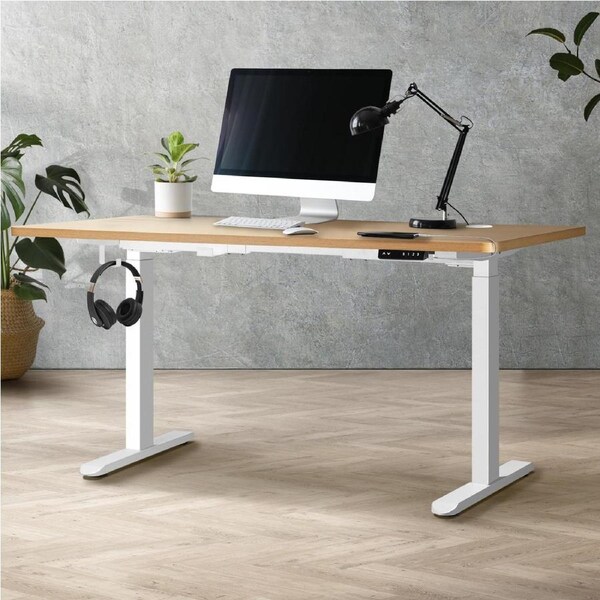 Oikiture 140cm Electric Standing Desk Dual Motor White Frame OAK Desktop