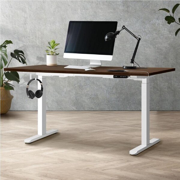 Oikiture 140cm Electric Standing Desk Dual Motor White Frame Walnut Desktop