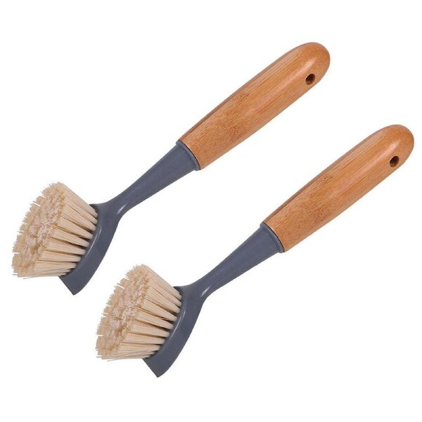 2x Eco Basics Bamboo Dish Brush Non-Scratch Bristle/Long Handle Kitchen Scrubber
