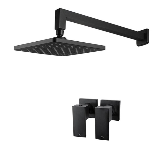Black Bath Square 8'' ABS Plastic Rainfall Shower Head 400mm Wall Extension Arm Dropper Twin Taps WELS WATERMARK